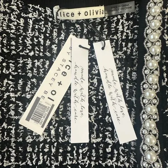 Alice + Olivia Bradford Beaded Open Front Cardigan, Tweed Embellished, Large NWT